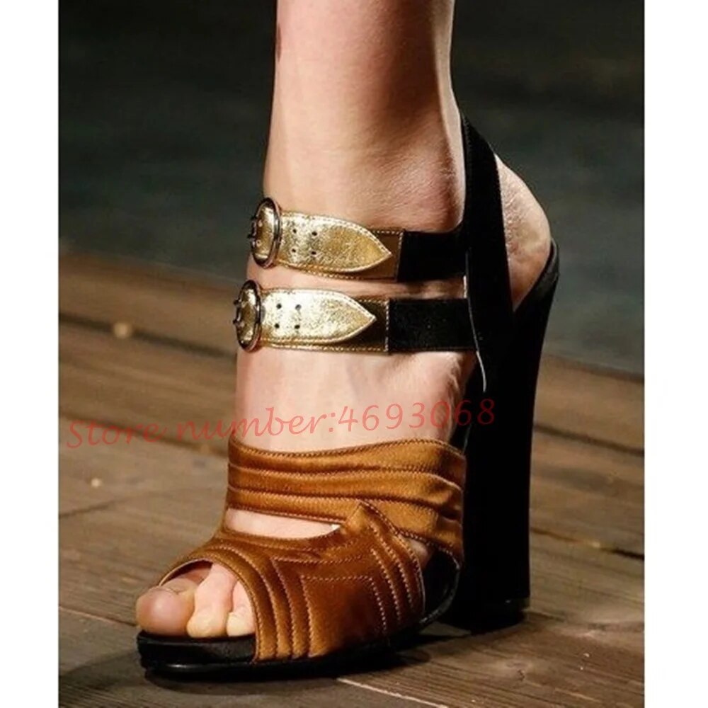 Heels for Women Multicolor Sandals Catwalk Shoes Chunky High Heels Splicing Open Toe Buckle Strap Banquet - Calzado de Mujer Bronce