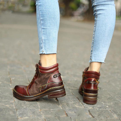 Vanguard Boots Genuine Leather Retro Shoes Women Boots Zip Round Toe Mixed Colors Sewing New Handmade Concise Platform Boots