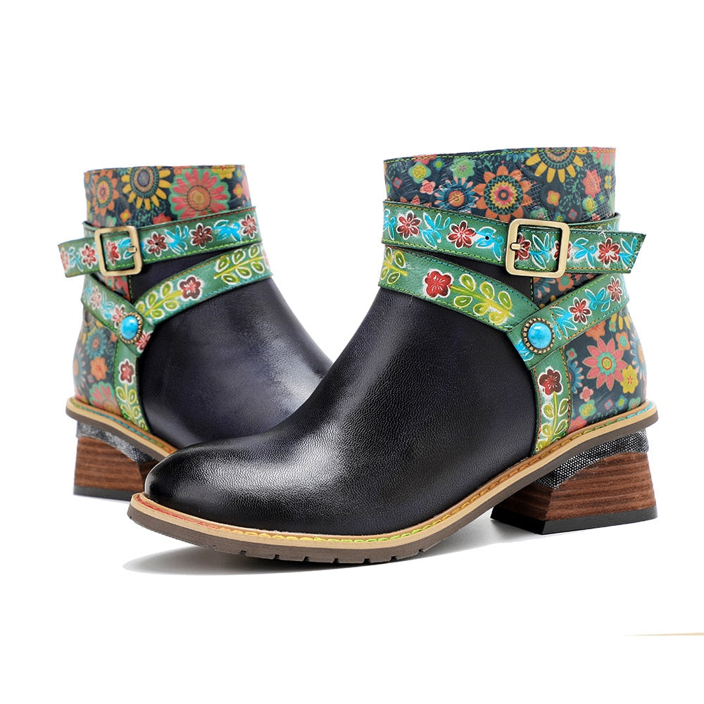 Vanguard Boots Genuine Leather Retro Shoes Women Boots Round Toe Patchwork Sewing Handmade Ankle Platform Boots