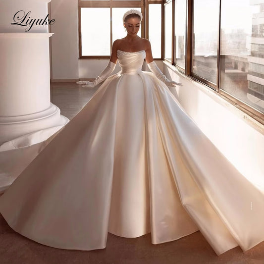 Wedding Dress Tiered Satin Ball Gown  Robe De Marriage Sleeveless Beading Pearls Off The Shoulder Bridal  Skirts