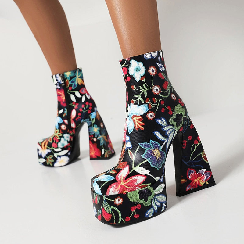Boots for Women Colorful Flower Pattern Super High Cutout Chunky Heel –  Nancy Alvarez Collection