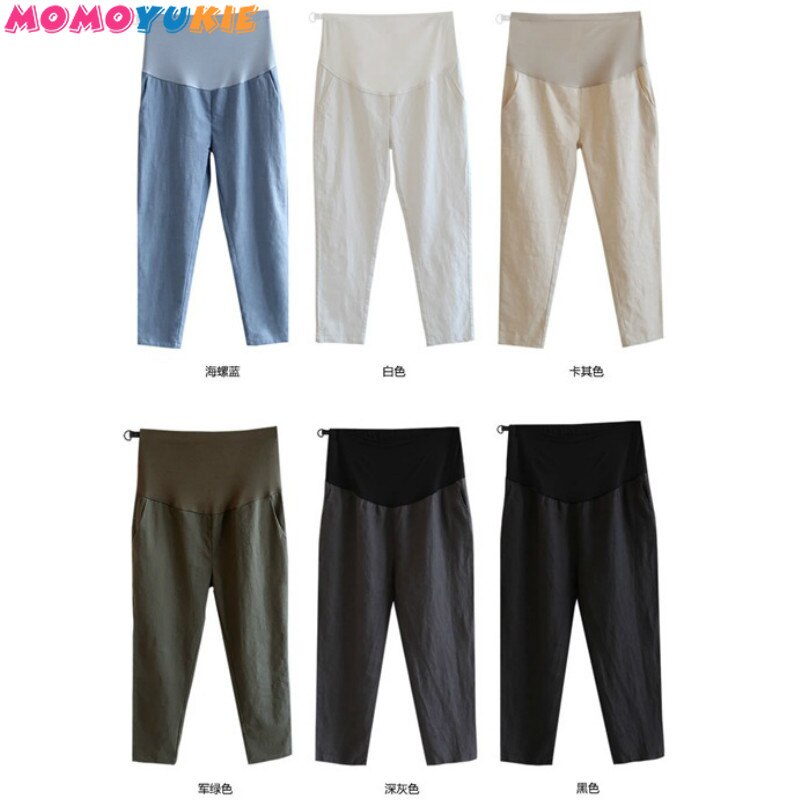 Maternity Pants Thin Cotton Linen Ankle-length Pants High Waist Solid Color Pregnant Women Clothing