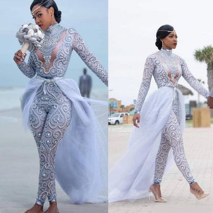 Jumpsuits Wedding Dresses Bridal Gowns High Neck Beading Long Sleeve Bride Wear