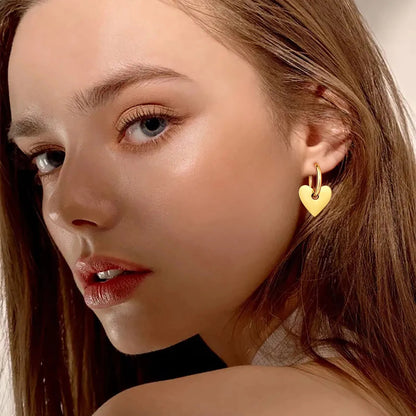 Women's Earrings Aretes para mujeres Heart Earrings for Women, Gold Color Stainless Steel Solid Metal Ear Jewelry, Chic Elegant Removable Heart Dangle Earrings
