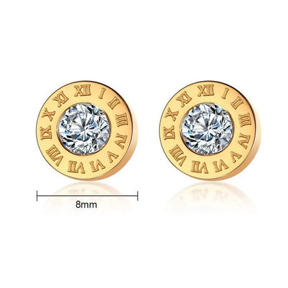 Women's Earrings Aretes para mujeres Elegant Roman Numerals Earrings for Women Gold and Rose Gold Color Stainless Steel CZ Stone Stud Earrings