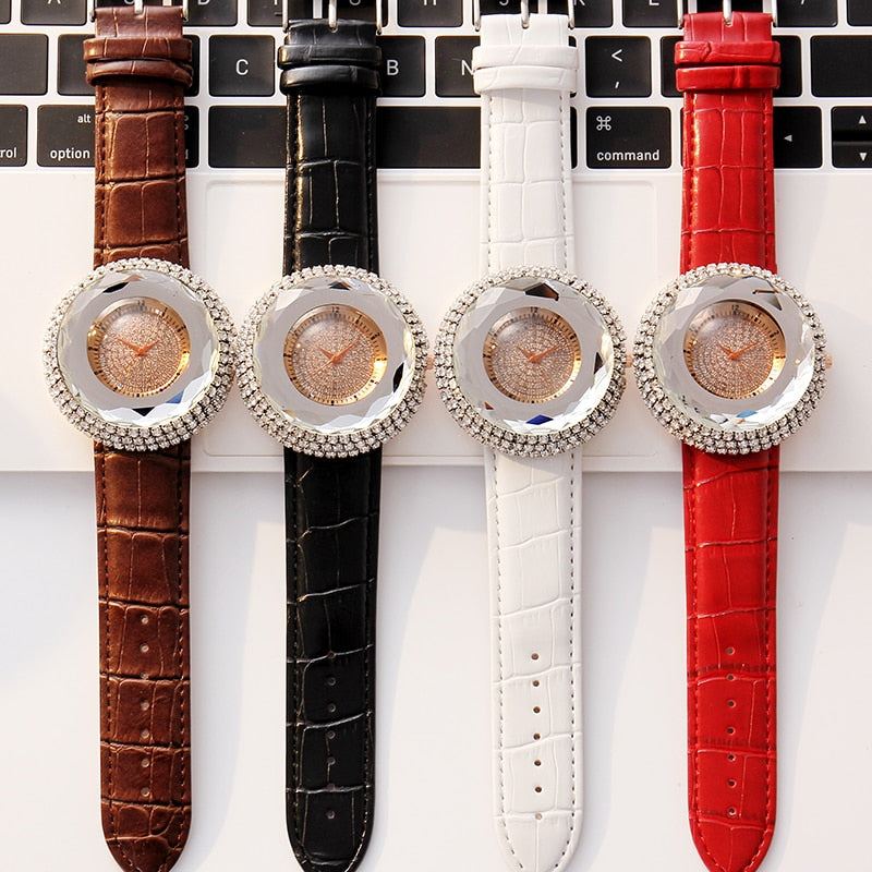Women Watch White Rhinestone Ladies Watch Leather Bracelet Quartz Womens Wristwatch Fashion Casual Reloj para Mujeres