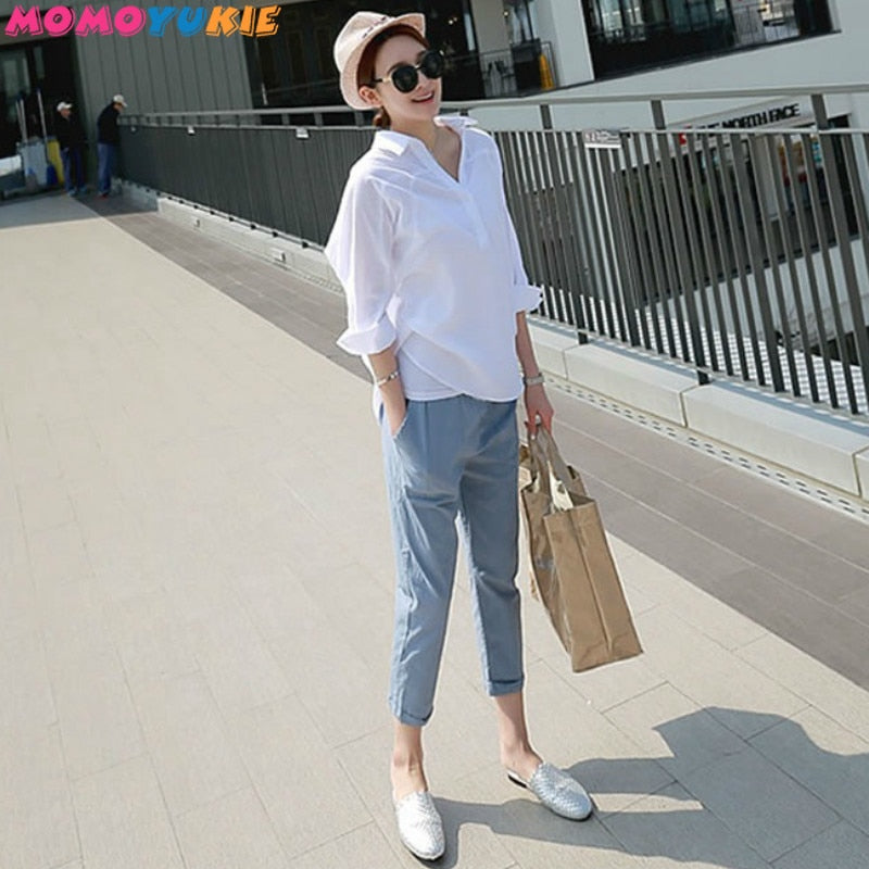 Maternity Pants Thin Cotton Linen Ankle-length Pants High Waist Solid Color Pregnant Women Clothing