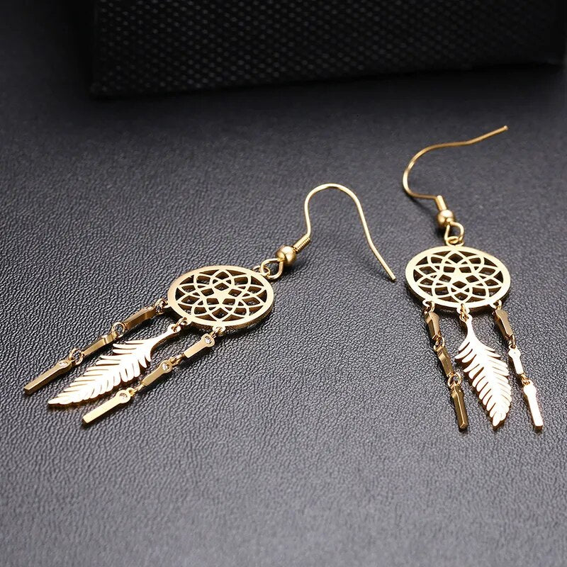 Women's Earrings Aretes para mujeres Chic Dreamcatcher Dangle Earrings for Women Solid Gold Color Stainless Steel Earrings Elegant Lady Party Jewelry