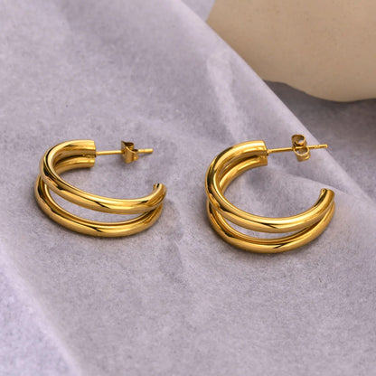 Women's Earrings Aretes para mujeres Women Hoop Earrings, Double Circle Hoops, Gold Color Stainless Steel C Shaped Huggie, Minimalist Metal Ear Jewelry