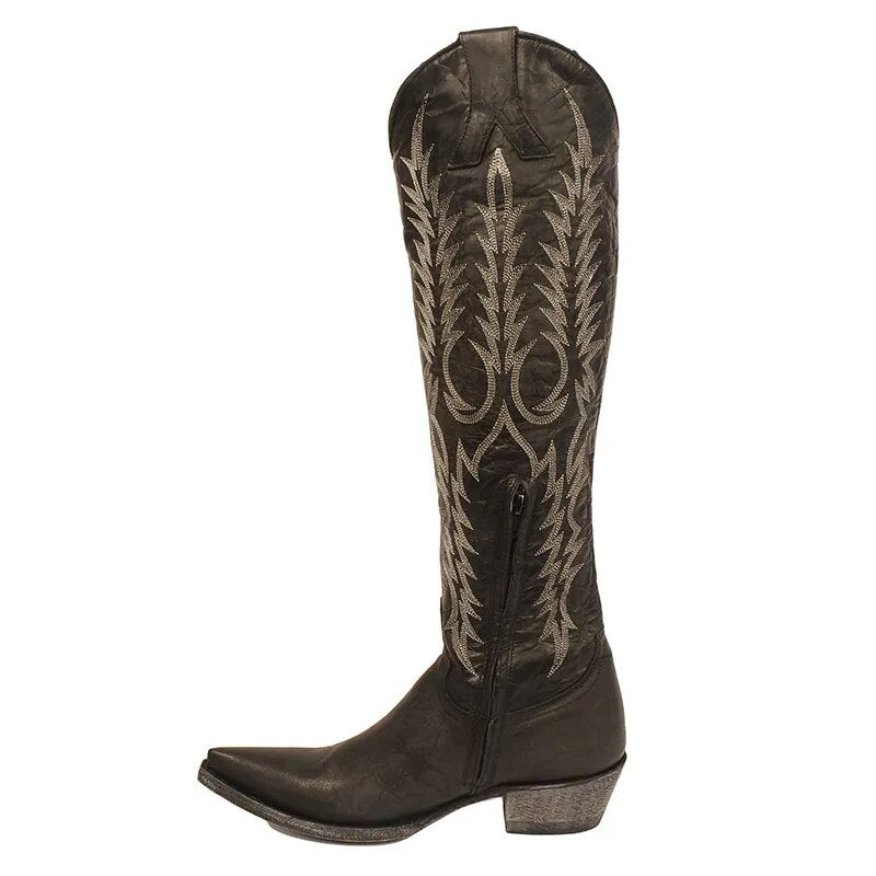 Western Boots for Women - Botas Vaqueras para Mujer Embroidered Cowgirl  Knee High Low Heels Slip On Square Toe