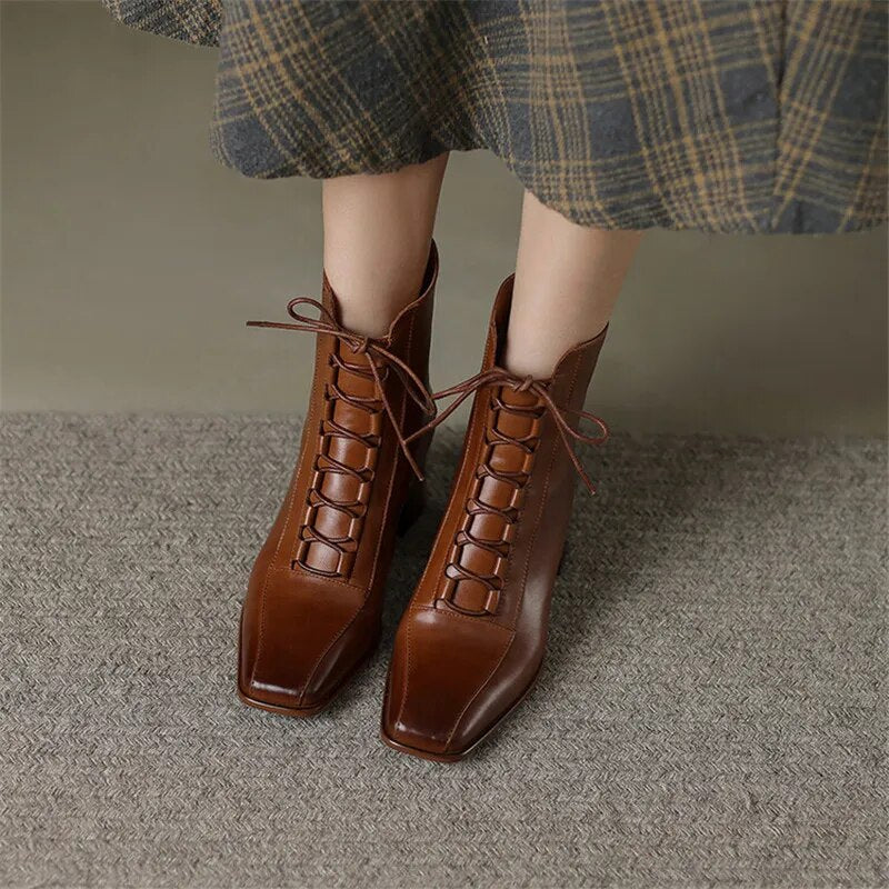 Booties for Women - Botines para Mujer Square Toe Zipper Chunky Heels Boots Vintage