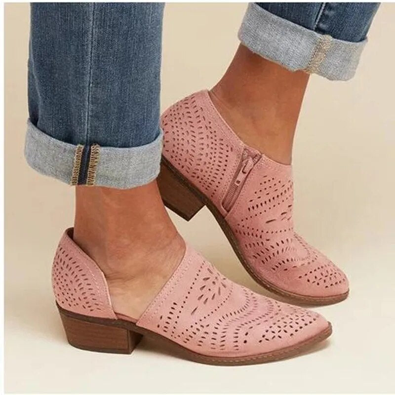 Booties for Women - Botines para Mujer Block Low Heel Ladies Booties PU Leather Hollow Out Ankle Platform shoes