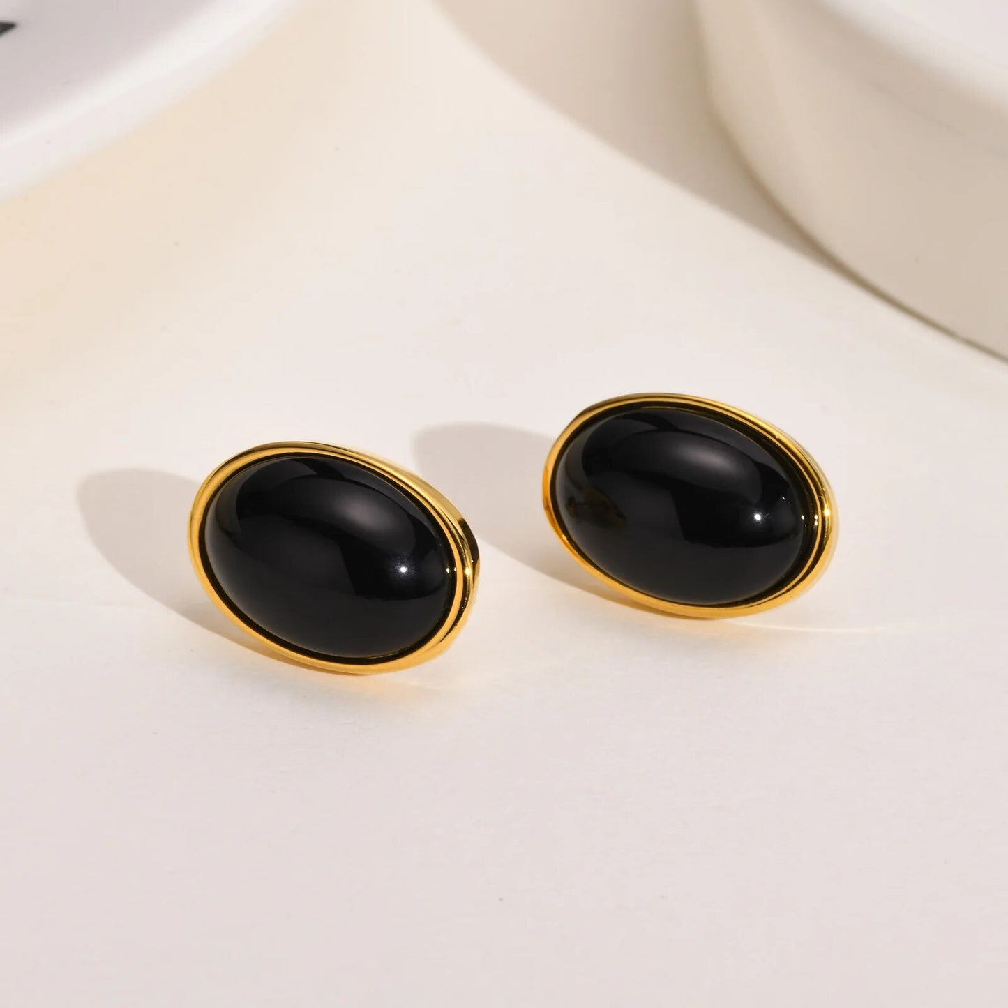 Women's Earrings Aretes para mujeres Retro Oval Black Natural Stone Stud Earrings for Women Gifts Jewelry, Gold Color Stainless Steel Ear Fashion Accessory
