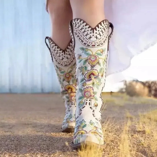 Western Boots for Women - Botas Vaqueras para Mujer Chunky Heels Pointed Toe Embroidered Slip On Cowgirl Knee High