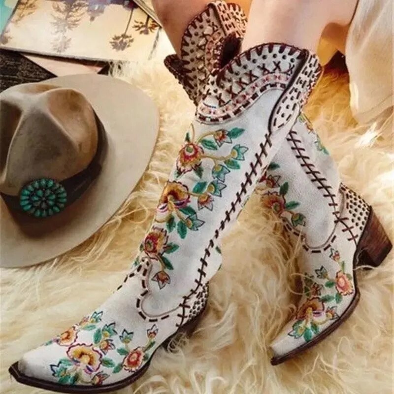 Western Boots for Women - Botas Vaqueras para Mujer Chunky Heels Pointed Toe Embroidered Slip On Cowgirl Knee High