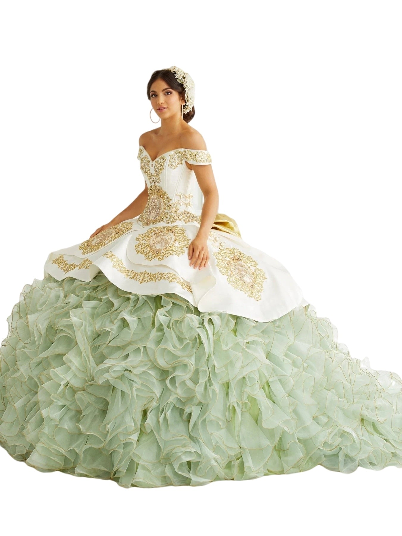 Charro Quinceanera Dress Sage Green Charro Off Shoulder Organza Appliques lace-up corset Mexican prom Sweet 16 15 Anos Wedding dress