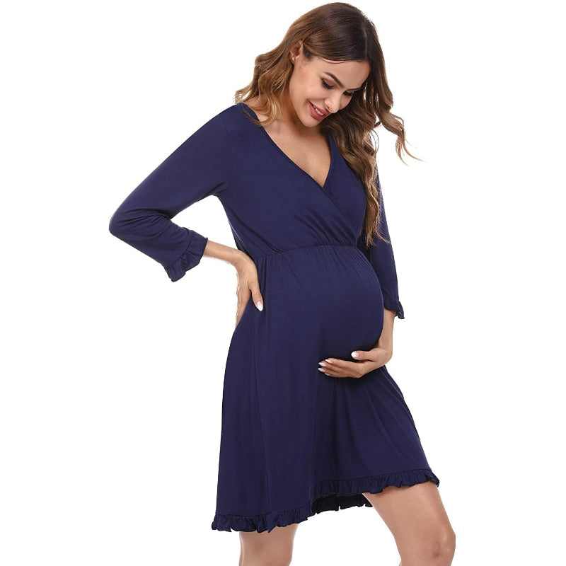 Maternity Nursing Dresses Breastfeeding  3/4 Sleeve Pregnancy Dress Ruffle