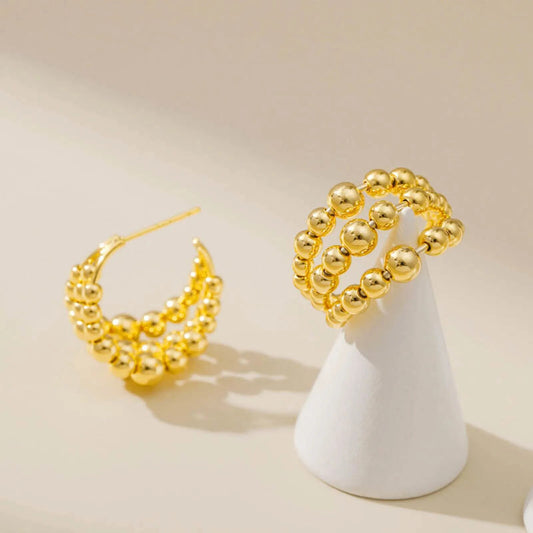Women's Earrings Aretes para mujeres Chic Gold Color Beads Hoop Earrings for Women Party Gifts Jewelry, Three Layers Balls Link Ear Accessory