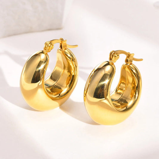 Women's Earrings Aretes para mujeres Chunky Round Hoop Earrings for Women Jewelry, Gold Color Stainless Steel Half Hollow Circle Earrings to Girls Gifts