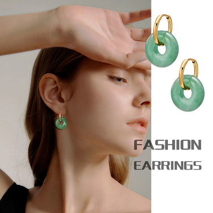 Women's Earrings Aretes para mujeres Natural Stone Round Huggie Earrings for Women Fashion Jewelry, Gold Color Stainless Steel Ear Gifts Jewelry
