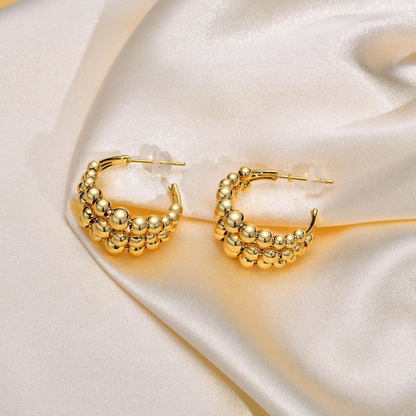 Women's Earrings Aretes para mujeres Chic Gold Color Beads Hoop Earrings for Women Party Gifts Jewelry, Three Layers Balls Link Ear Accessory