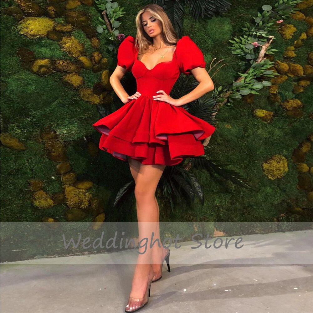Cocktail Dress for Women with A Line Puff Sleeves Red Cocktail Gown for Ladies Short Party Dresses