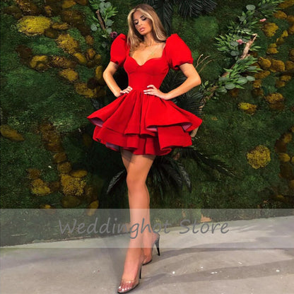 Cocktail Dress for Women with A Line Puff Sleeves Red Cocktail Gown for Ladies Short Party Dresses
