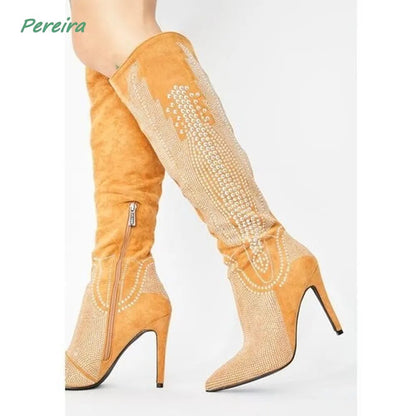 Western Boots for Women - Botas Vaqueras para Mujer Rhinestone Pointed Toe Thin High Heel Ankle Side Zipper