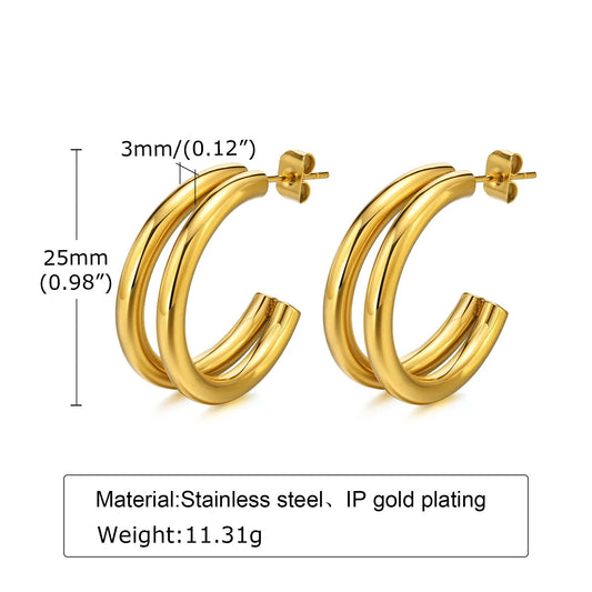 Women's Earrings Aretes para mujeres Women Hoop Earrings, Double Circle Hoops, Gold Color Stainless Steel C Shaped Huggie, Minimalist Metal Ear Jewelry