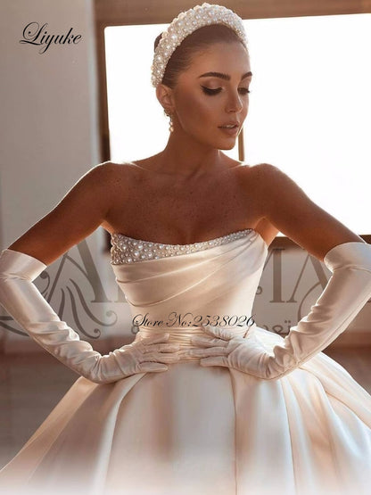 Wedding Dress Tiered Satin Ball Gown  Robe De Marriage Sleeveless Beading Pearls Off The Shoulder Bridal  Skirts