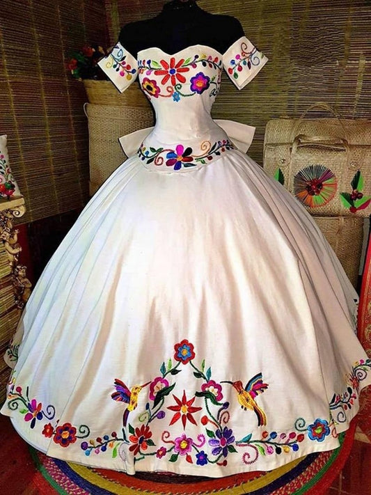 Quinceanera Dress Mexican Charro Quinceanera Dresses Theme Colorful Embroidered Off The Shoulder Satin Lace-up Ball Gown Sweet 16 Vestidos 15 Anos