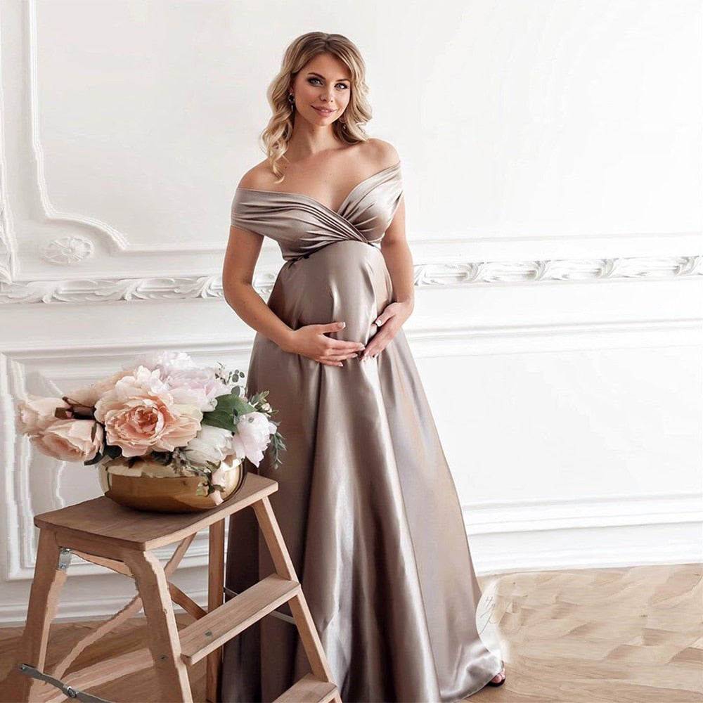 Maternity Silk Dresses Long Baby Showers Party Evening Pregnancy Maxi Gown Photography Props For Pregnant Women