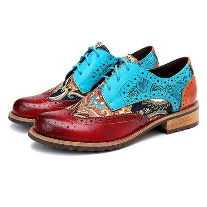 Wing Tip Shoes Vintage Carved brogues Loafers Shoes For Women Genuine Leather British Lace Up Brogues low heels Retro Shoes