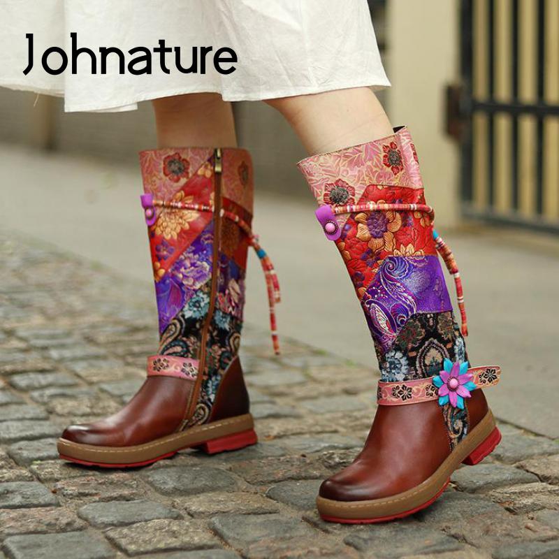 Vanguard Boots Genuine Leather Round Toe Long Boots Women Shoes Zip Print Winter Flat With Leisure Sewing Platform Boots
