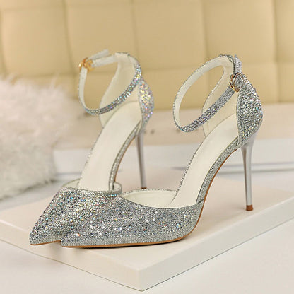 Sexy Women 10cm High Heels  Wedding Bridal Scarpins Glitter Heels Stiletto Crystal Gold