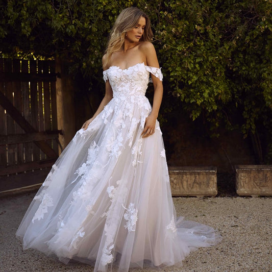 Lace Wedding Dress Off Shoulder Appliques A Line
