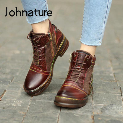Vanguard Boots Genuine Leather Retro Shoes Women Boots Zip Round Toe Mixed Colors Sewing New Handmade Concise Platform Boots