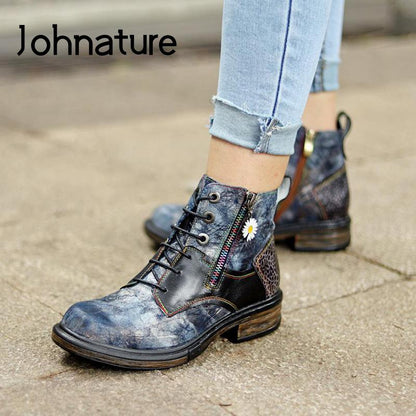 Vanguard Boots Patchwork Shoes Women Boots Zip Round Toe New Handmade Comfortable Leisure Sewing Cotton Fabric Platform Boots