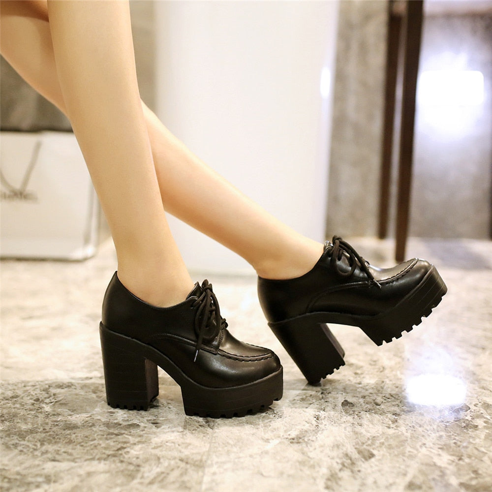 Shoes for Women High Heels Boots Lacing Platform Pumps Chunky Heel Leather