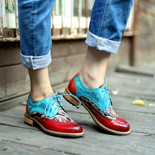 Wing Tip Shoes Vintage Carved brogues Loafers Shoes For Women Genuine Leather British Lace Up Brogues low heels Retro Shoes