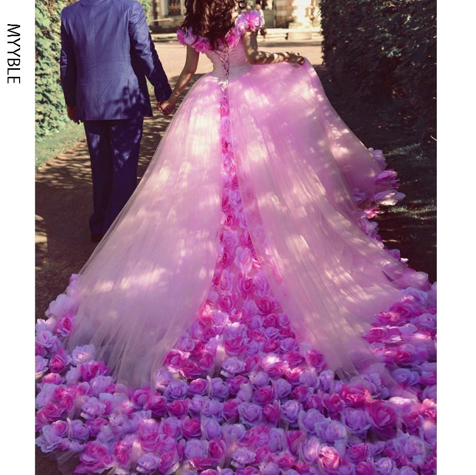 Pink Quinceanera Dress Princess Cinderella With 3D Flower Off The Shoulder Elegant Tulle - Sweet 16 Dress