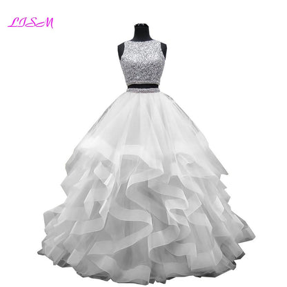Quinceanera Dress Crystals Two Pieces Ball Gown O-Neck Beaded Open Back Pageant Gown Long Tiered Organza Sweet 16 Dress