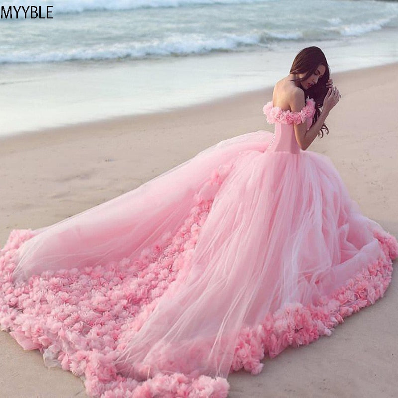 Pink Quinceanera Dress Princess Cinderella With 3D Flower Off The Shoulder Elegant Tulle - Sweet 16 Dress