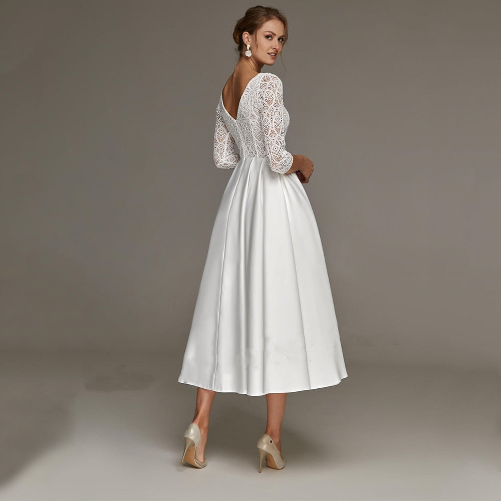 Simple Satin Wedding Dress and Elegant White With Sleeves V-Neck