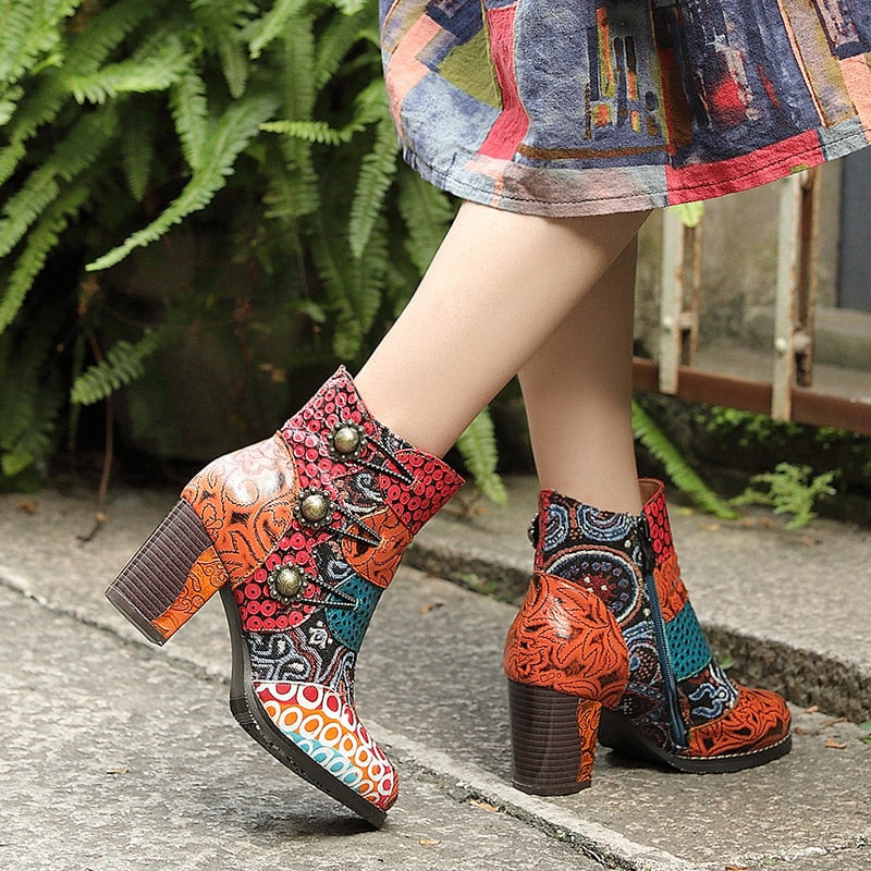 Vanguard Boots Genuine Leather Mixed Colors Platform Boots Women Shoes Zip Round Toe Sewing High Heel Ankle Boots Orange / 9