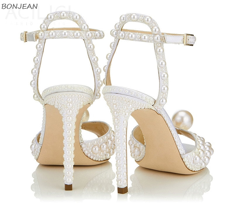 Wedding Shoes Women New Pearls Studs Luxury Peep Toe High Heels Buckle Strap Woman Sandals