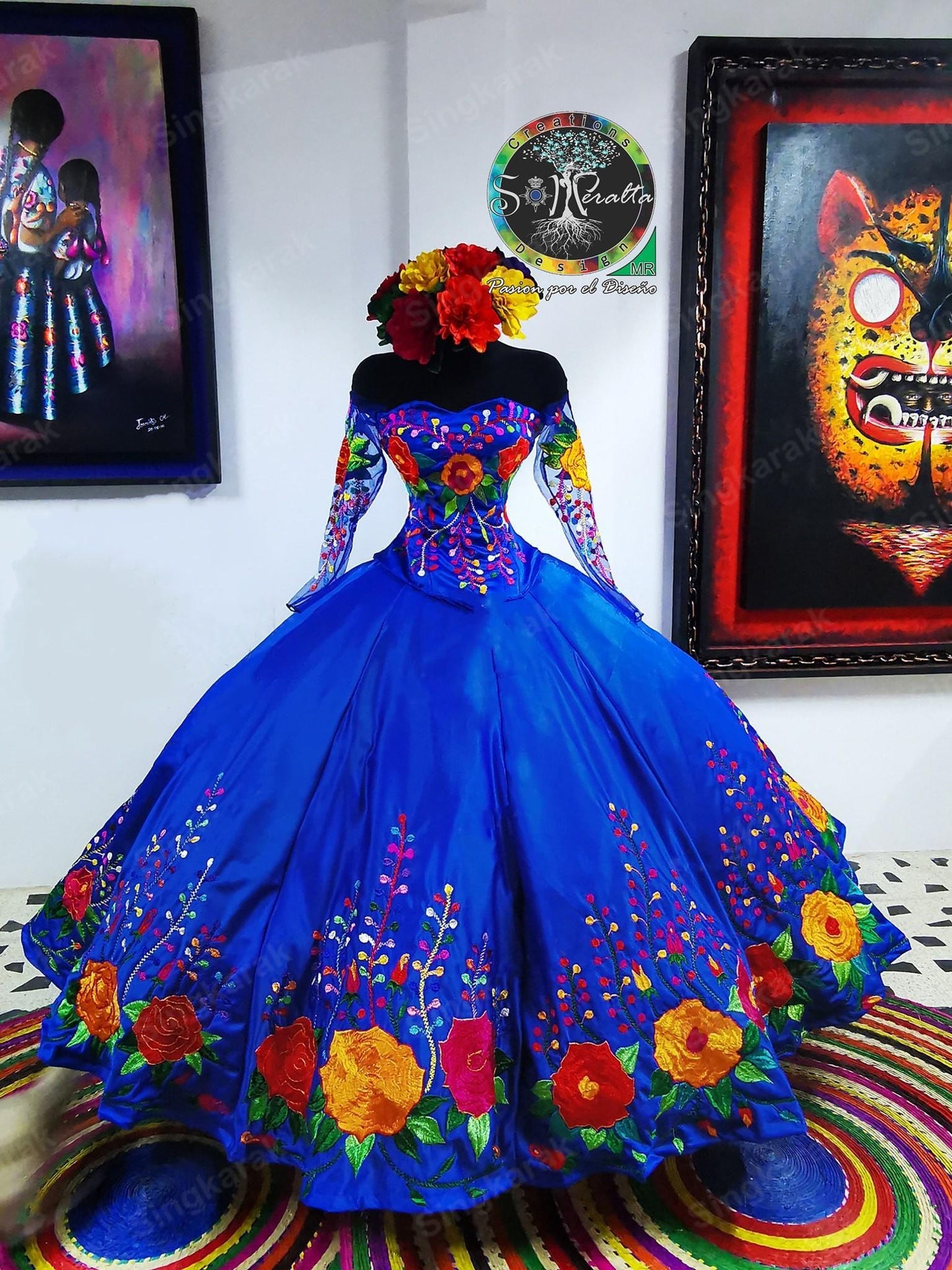 Quinceanera Dress Vintage Royal Blue Mexican Sweet 16 Dress Charro Flower Embroidered Satin Off The Shoulder Party Gowns