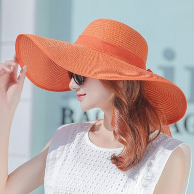 Hats for Women simple summer straw hat women big wide brim beach hat sun hat foldable sun block UV protection panama hat orange