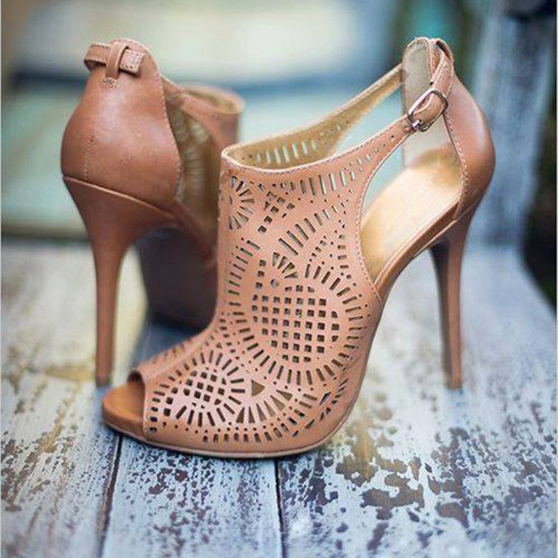 Heels for women Women's sandals beige perforated sandals high heel sandals.