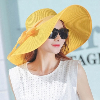 Hats for Women simple summer straw hat women big wide brim beach hat sun hat foldable sun block UV protection panama hat  yellow